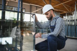 The glazier carries the glass in the glass factory.